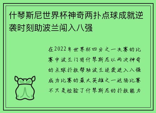 什琴斯尼世界杯神奇两扑点球成就逆袭时刻助波兰闯入八强
