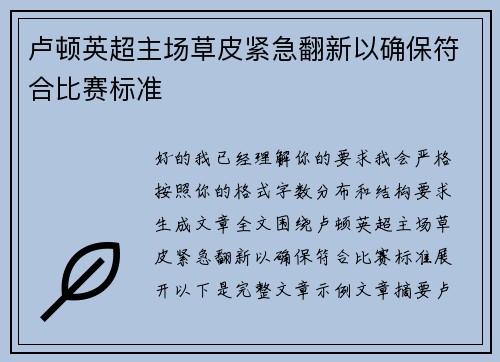 卢顿英超主场草皮紧急翻新以确保符合比赛标准